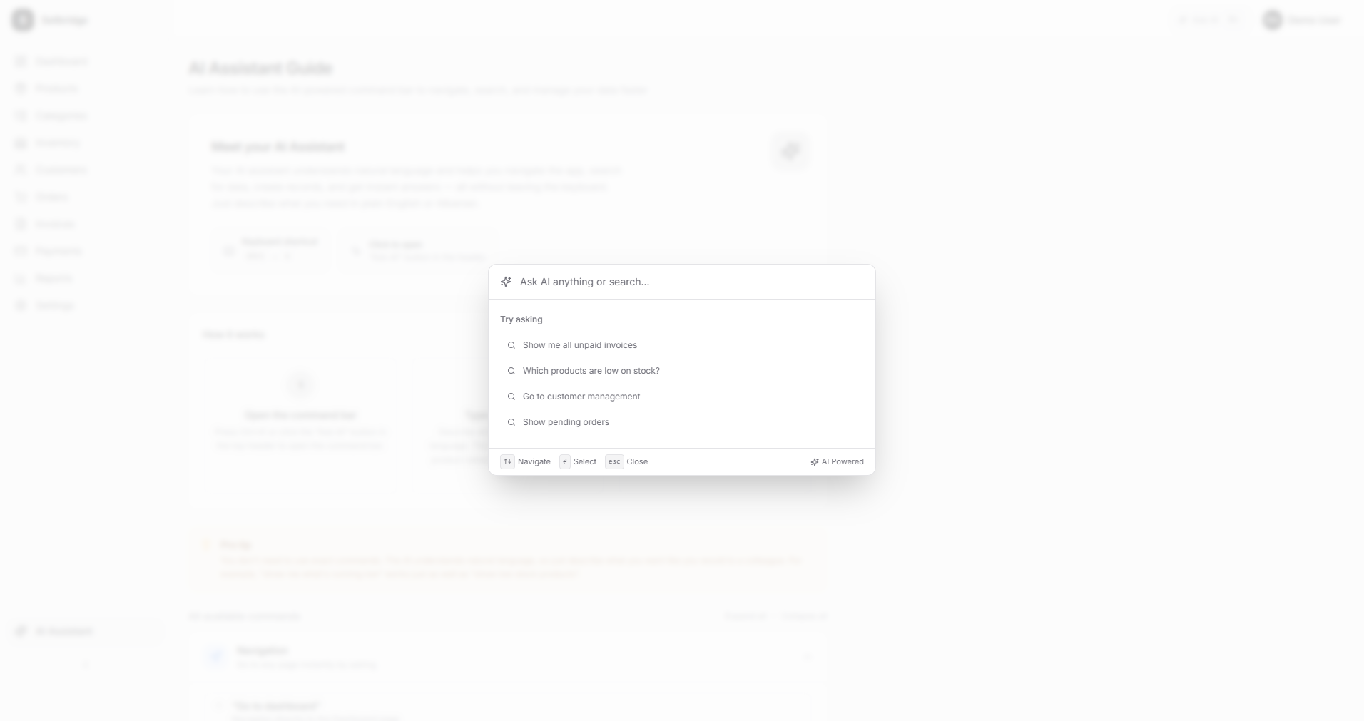 AI-powered command bar — search, navigate, and take action with natural language
