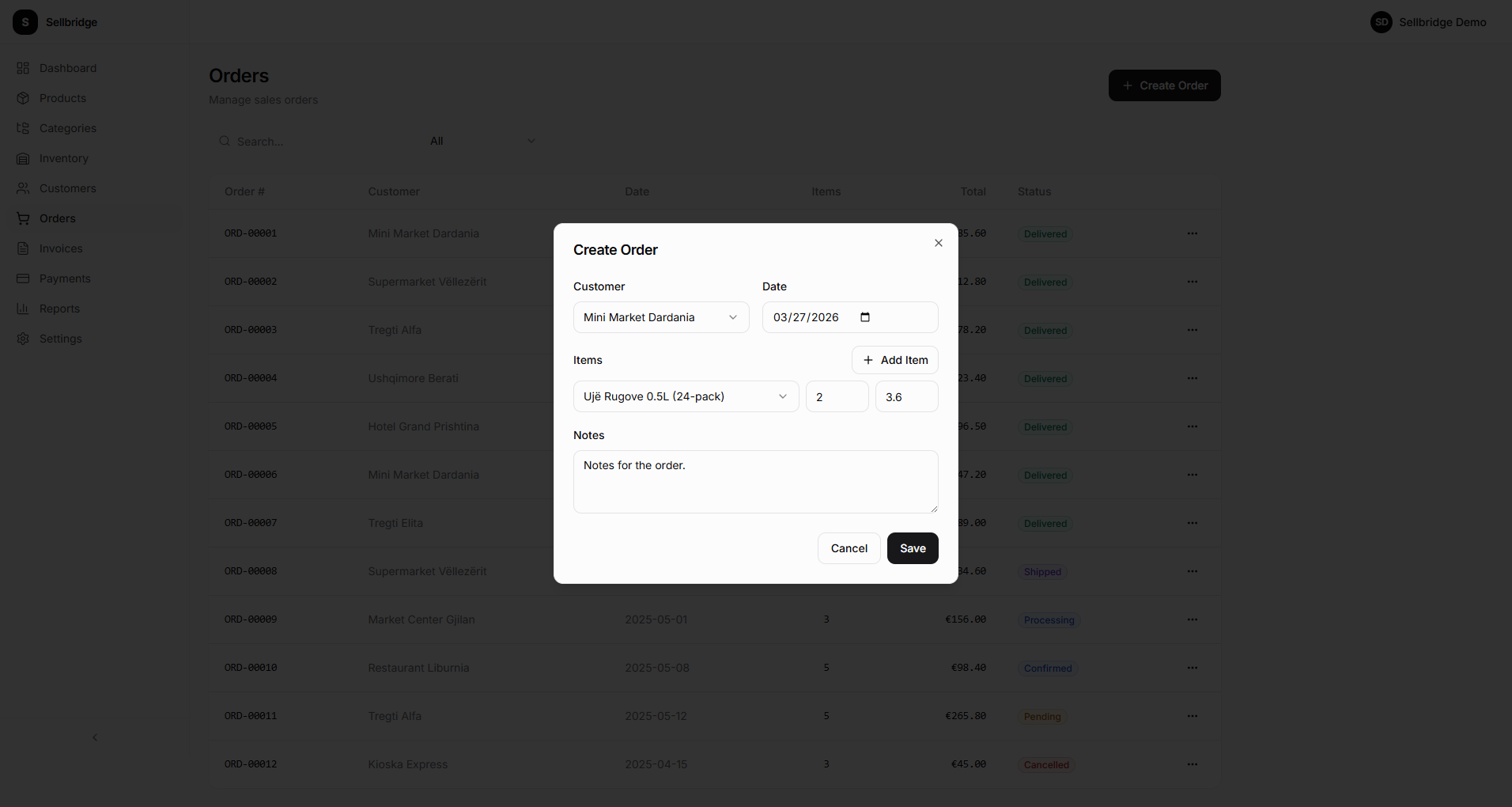 Order creation dialog with customer selection, product line items, and auto-generated order numbers