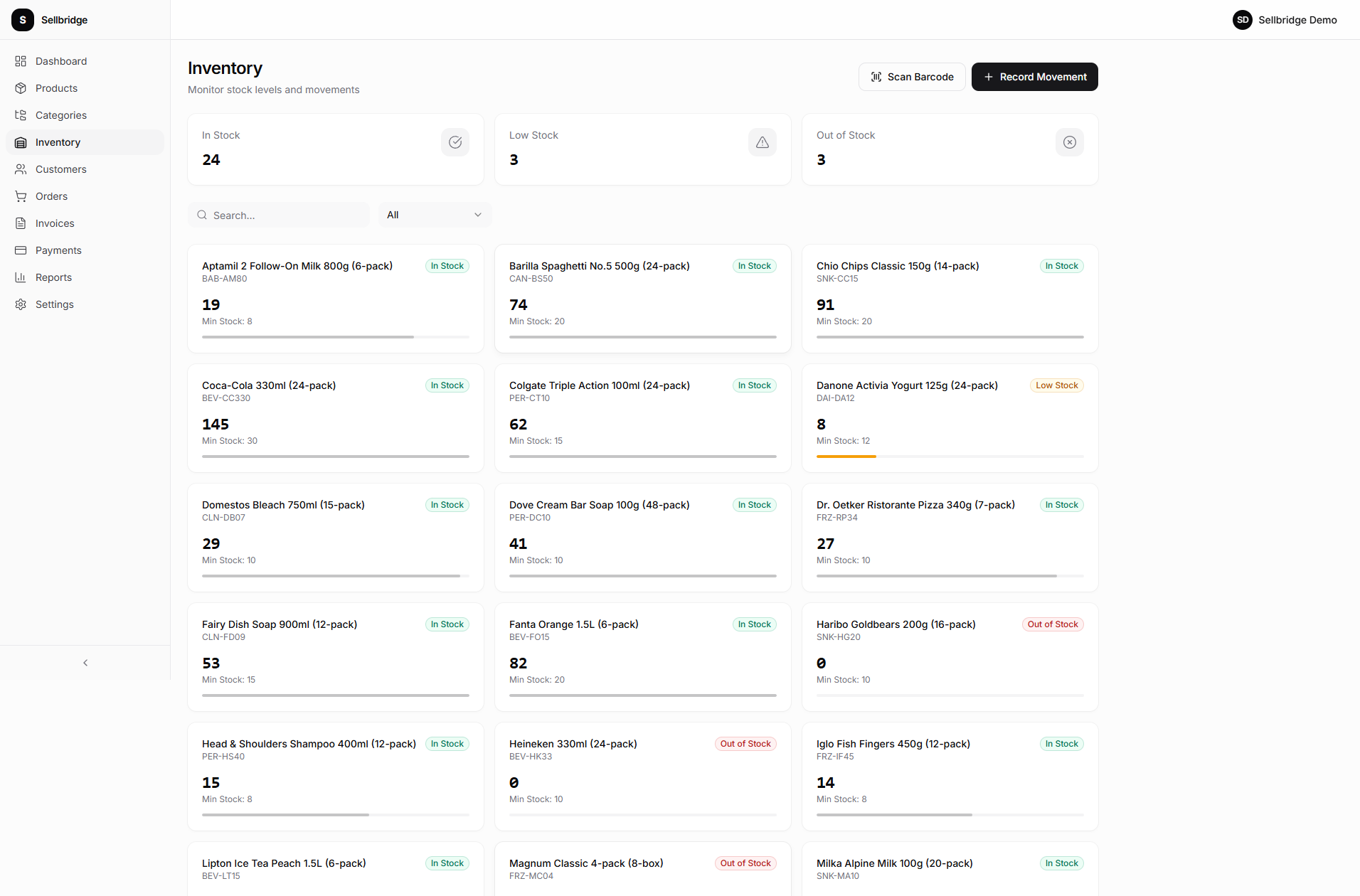 Real-time inventory tracking with stock levels, color-coded status badges, and movement history