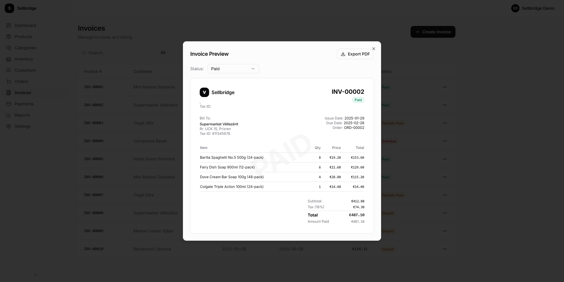 Professional invoice preview with PDF export, line items and tax breakdown