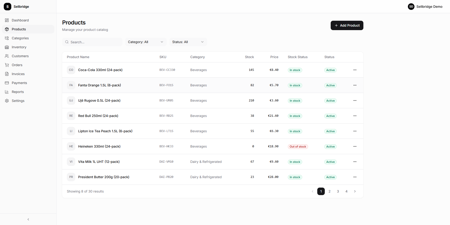 Product catalog with SKU, pricing, stock status and categories